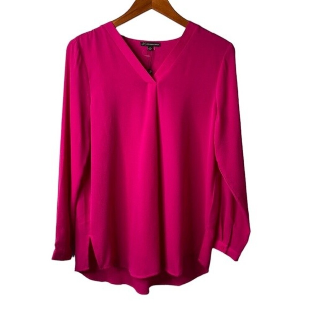 Adrianna Papell Hot Pink V-Neck Long Sleeve Tunic Blouse Semi-Sheer Lightweight